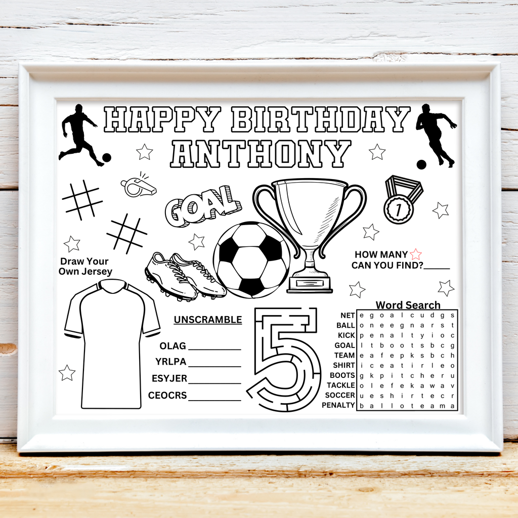 Personalized Soccer Themed Birthday Activity Placemat