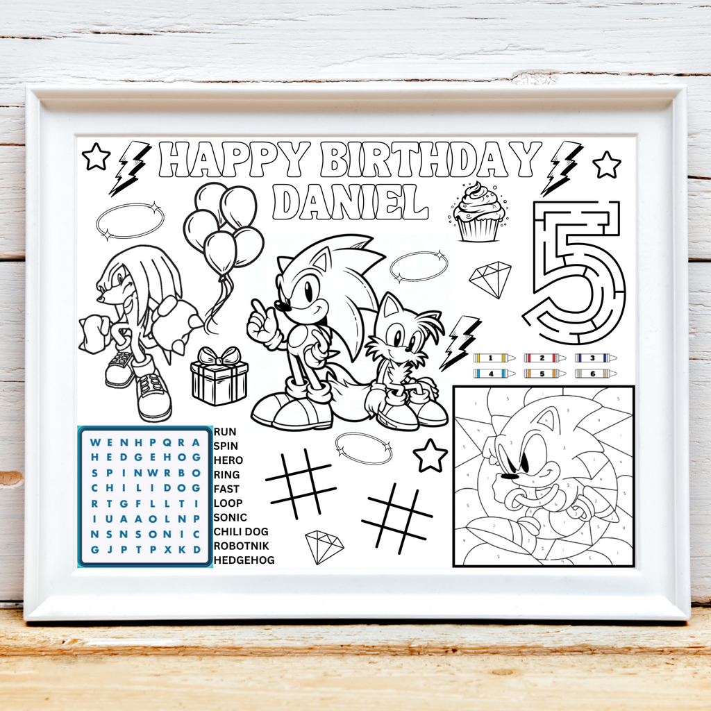 Personalized Sonic the Hedgehog Birthday Activity Placemat, Sonic Party Favor