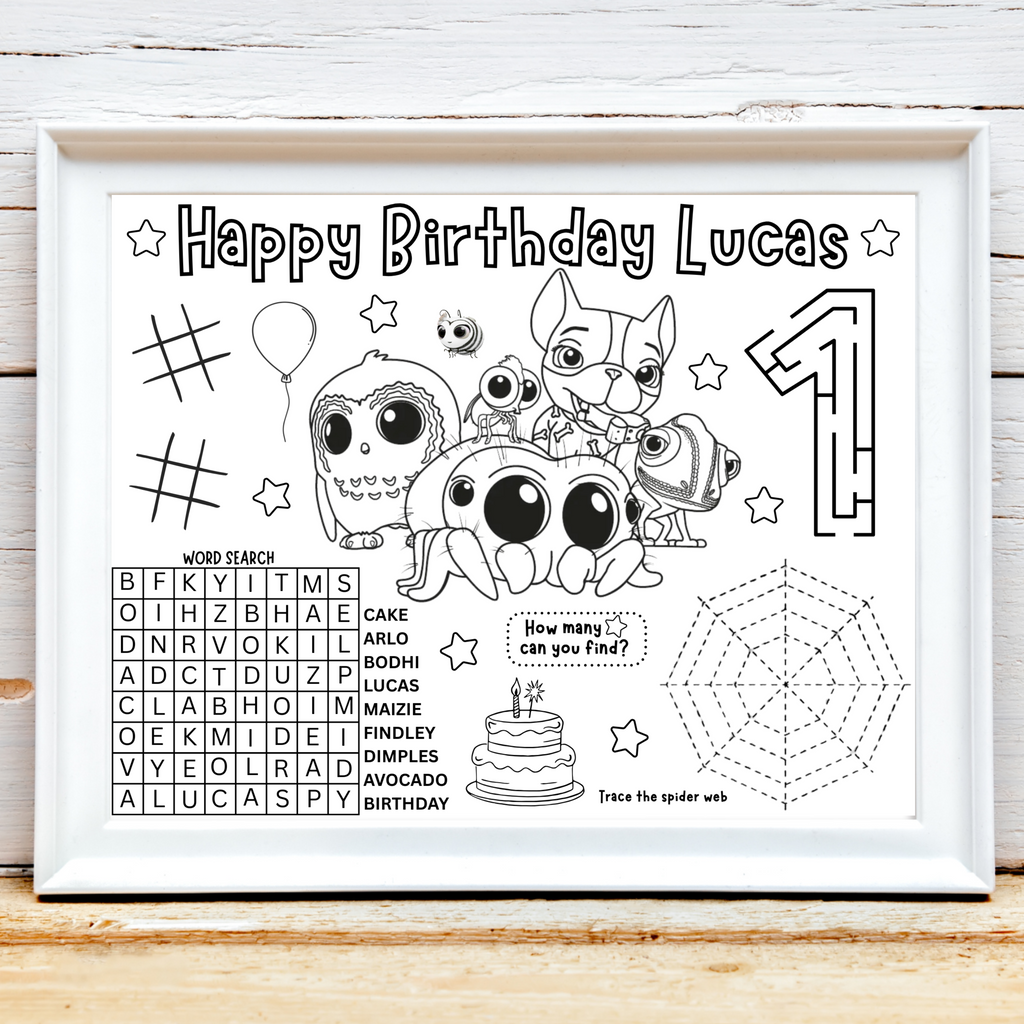 Personalized Lucas the Spider Birthday Activity Placemat, Lucas the Spider and Friends Party Favor