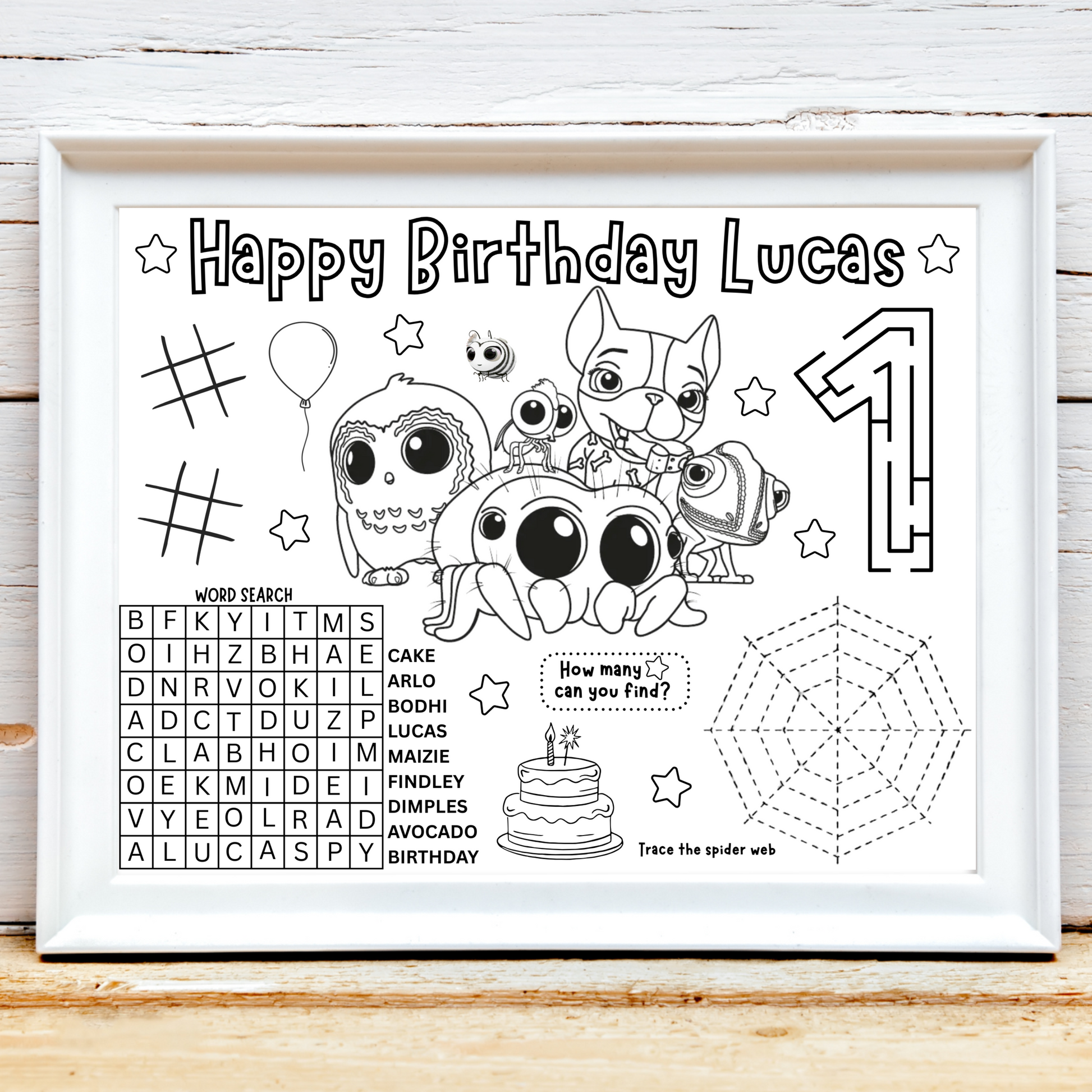 Personalized Lucas the Spider Birthday Activity Placemat, Lucas the Spider and Friends Party Favor