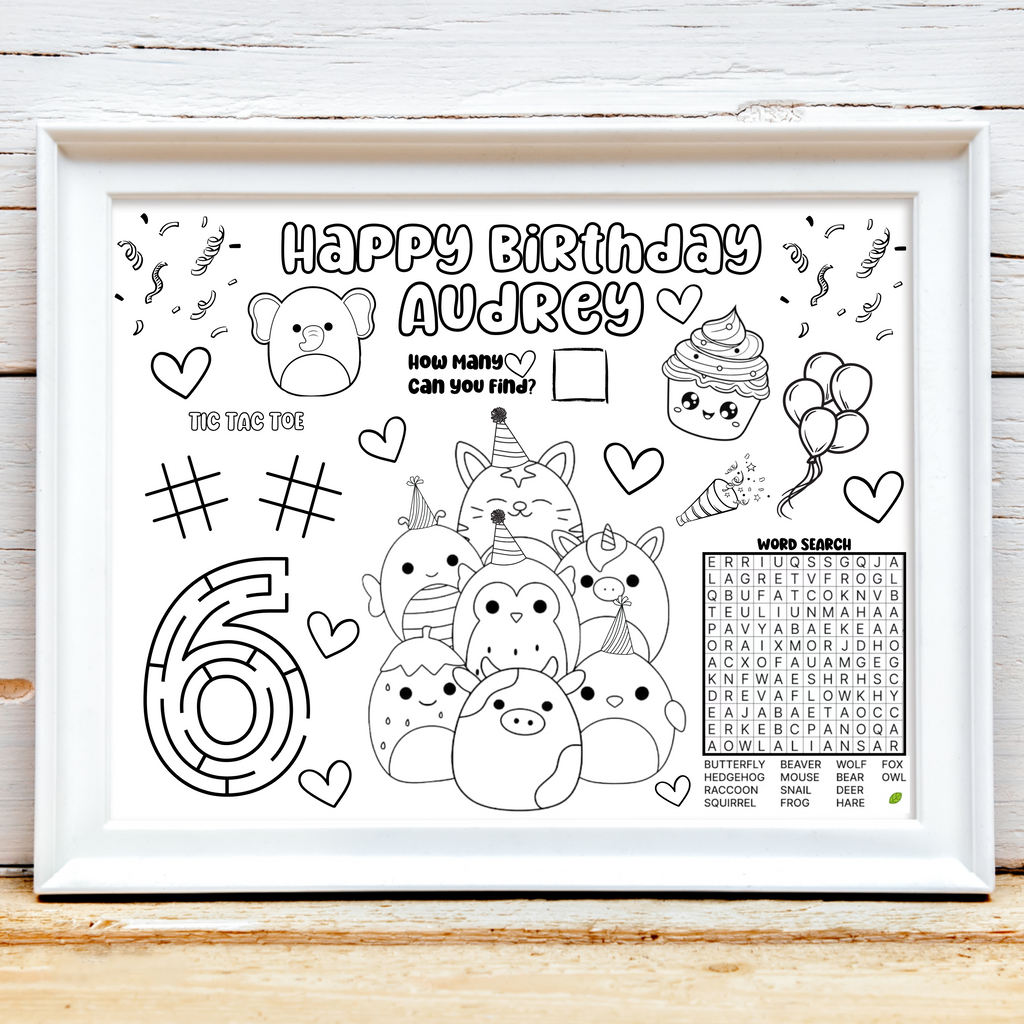 Personalized Squishmallow Themed Birthday Activity Placemat