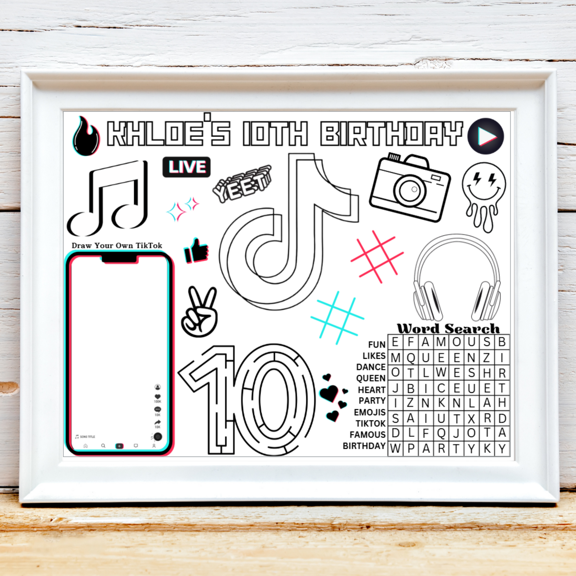 Personalized TikTok Birthday Activity Placemat, TikTok Party Favor