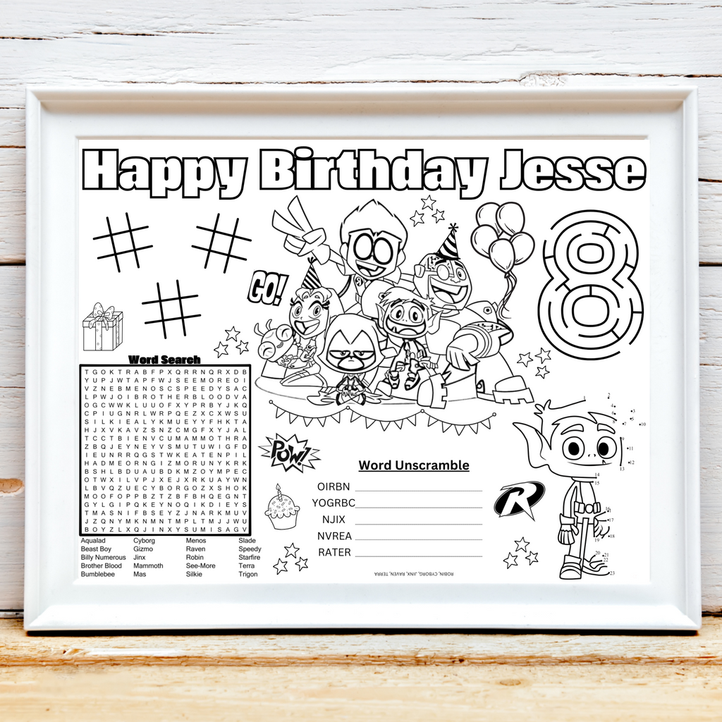 Personalized Titan Teen Birthday Activity Placemat, Custom Titan Teen Party Favors