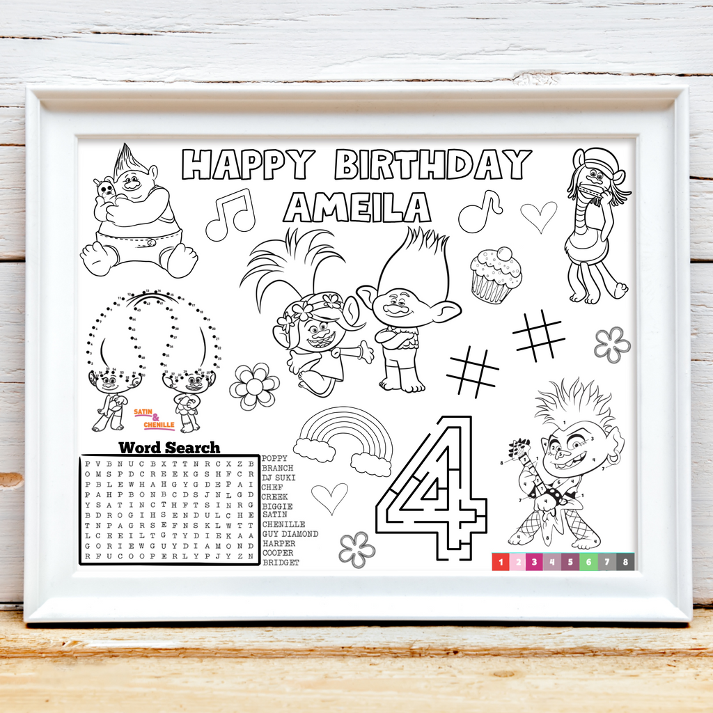 Personalized Trolls Birthday Activity Placemat, Trolls Party Favors, Trolls Bands Together Coloring Page