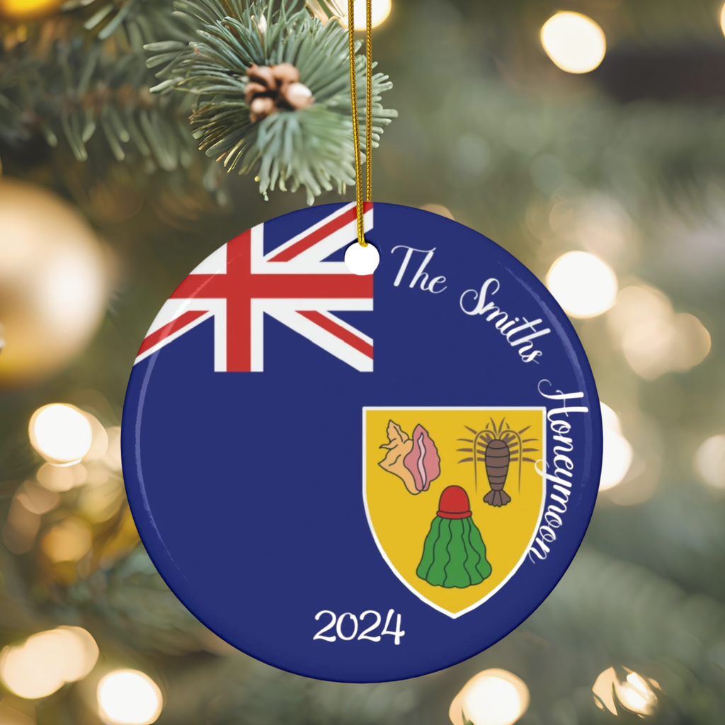 Personalized Turks & Caicos Ceramic Ornament, Turks and Caicos Flag Print, World Travel, Vacation Souvenir, Caribbean Island,