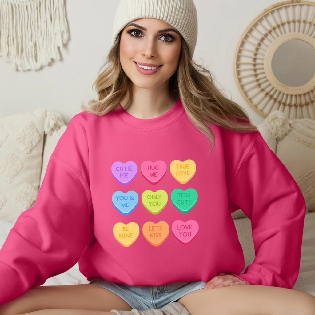 Candy Heart Sweatshirt, Heart Sweatshirt, Cute Valentine's Sweater, Valentines Day Gift, Gift for Her, Conversation Hearts Sweatshirt Retro