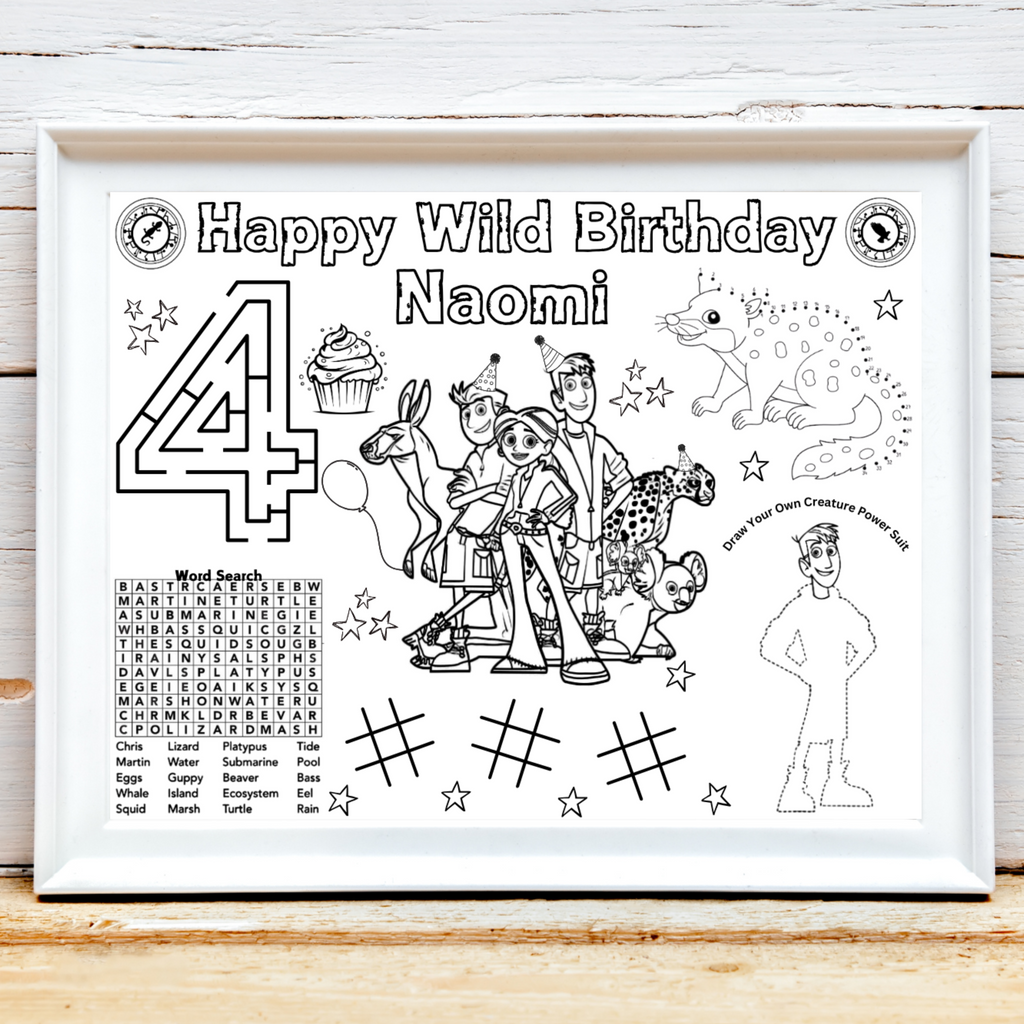 Personalized Wild Kratts Birthday Activity Placemat, Custom Wild Kratts Party Favor, Wild Kratts Coloring Page
