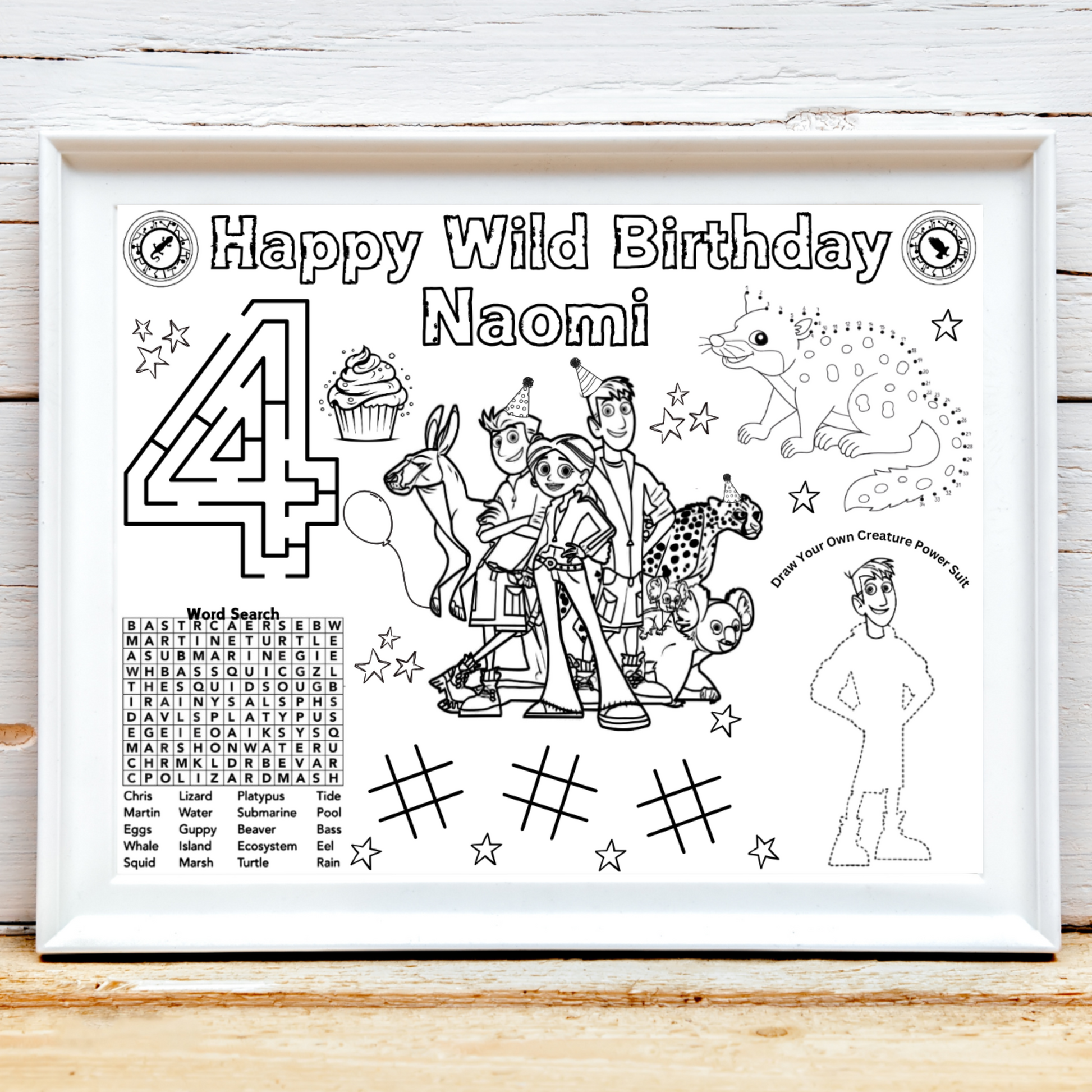 Personalized Wild Kratts Birthday Activity Placemat, Custom Wild Kratts Party Favor, Wild Kratts Coloring Page